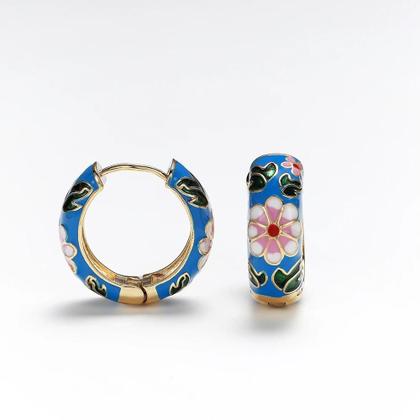 Imagem de Brincos De Argola Pequenos Femininos Vintage Boho Com Flores Esmaltadas - Joias De Destaque Para