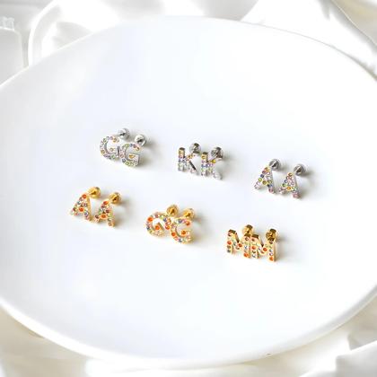 Imagem de Brincos Mini com Iniciais em Zircônia Cúbica Dourada - Aço Inoxidável LUXUSTEEL