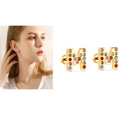 Imagem de Brincos Mini com Iniciais em Zircônia Cúbica Dourada - Aço Inoxidável LUXUSTEEL