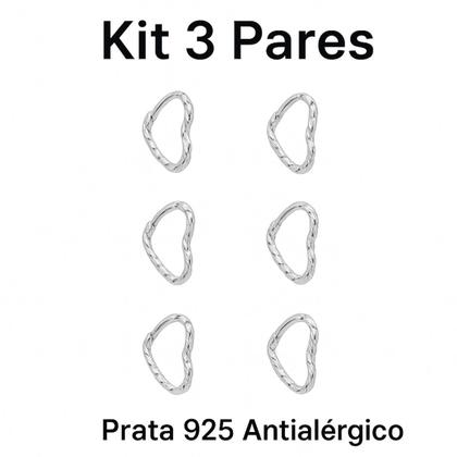 Imagem de Brincos Trio Kit 3 Pares Argola Coração Prata 925 Legítima Torcido Feminino Delicado Presente