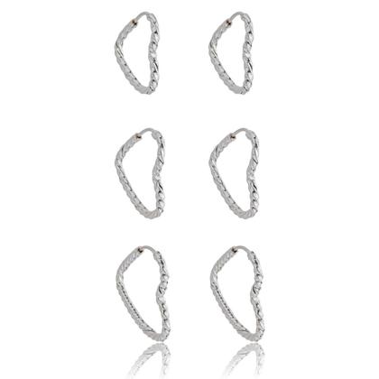 Imagem de Brincos Trio Kit 3 Pares Argola Coração Prata 925 Legítima Torcido Feminino Delicado Presente