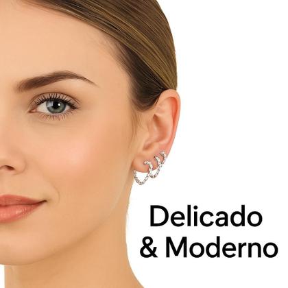 Imagem de Brincos Trio Kit 3 Pares Argola Coração Prata 925 Legítima Torcido Feminino Delicado Presente