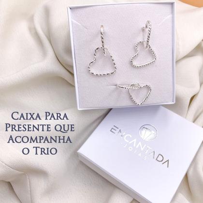 Imagem de Brincos Trio Kit 3 Pares Argola Coração Prata 925 Legítima Torcido Feminino Delicado Presente