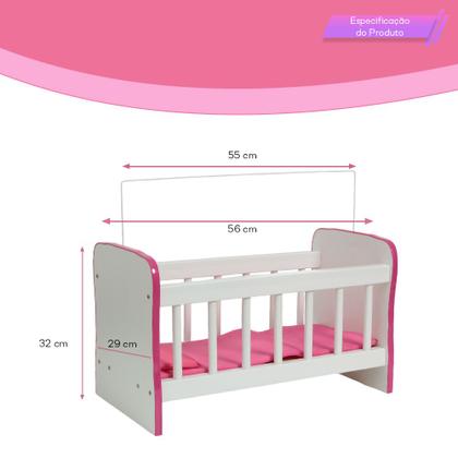 Imagem de Brinquedo Berço para Boneca em MDF com Enxoval cor Rosa