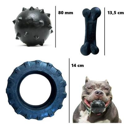 Imagem de Brinquedo Cachorros Grande Médio Cães Pitbull American Bully Pneu + Bola 80mm + Osso 13,5