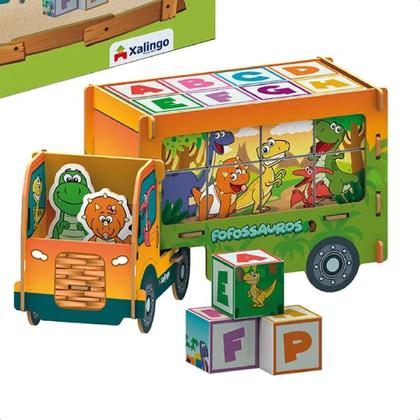 Imagem de Brinquedo Caminhão ABC Playset Fofossauros 17 Peças em Madeira MDF +3 Anos 16 cubos Cartonados Xalingo - 54476