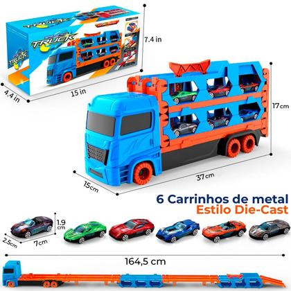Imagem de Brinquedo Caminhão Cegonha Vira Pista Maleta Com Lançador E 6 Carrinhos Metal