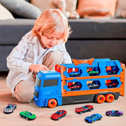 Imagem de Brinquedo Caminhão Cegonha Vira Pista Maleta Com Lançador E 6 Carrinhos Metal