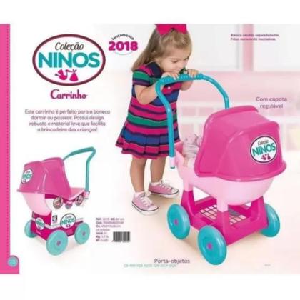 Imagem de Brinquedo Carrinho Bebê Boneca Infantil Ninos Rosa Plástico 49cm Capota Regulável Cotiplas 2215