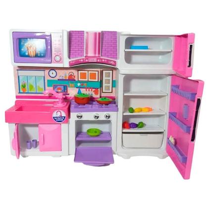 Imagem de Brinquedo Cozinha Infantil Rosa Roxo Fogão Forno Geladeira Freezer Coifa Microondas Pia Armário Faz de Conta Dia das Crianças Meninas Aniversário