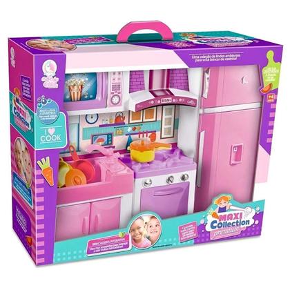 Imagem de Brinquedo Cozinha Infantil Rosa Roxo Fogão Forno Geladeira Freezer Coifa Microondas Pia Armário Faz de Conta Dia das Crianças Meninas Aniversário