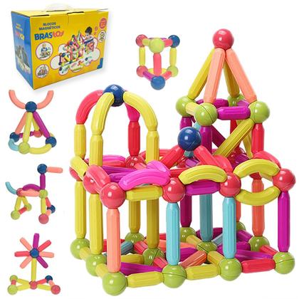Imagem de Brinquedo de Encaixar Bloco Magnético Infantil Blocos de Montar 128 Peças Coloridas Brinquedo Educativo Construção Brastoy