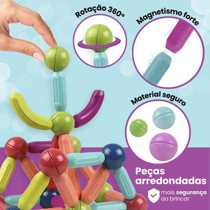 Imagem de Brinquedo de Encaixar Bloco Magnético Infantil Blocos de Montar 64 Peças