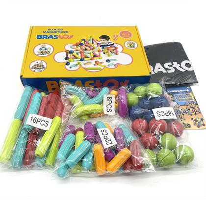 Imagem de Brinquedo de Encaixar Bloco Magnético Infantil Blocos de Montar 68 Peças Coloridas Brinquedo Educativo Construção Brastoy