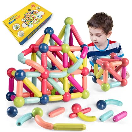 Imagem de Brinquedo de Encaixar Bloco Magnético Infantil Blocos de Montar 68 Peças Coloridas Brinquedo Educativo Construção