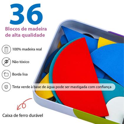 Imagem de Brinquedo Educativo De Madeira Quebra Cabeça Infantil Montessori 36 Blocos E 60 Cartas