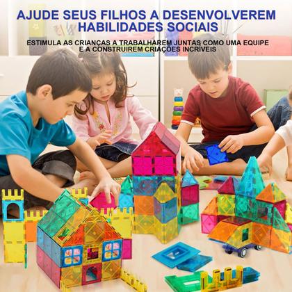 Imagem de Brinquedo Educativo Infantil Bloco de Montar Magnético 65 ou 130 Peças Coloridas com Bolsa de Armazenamento