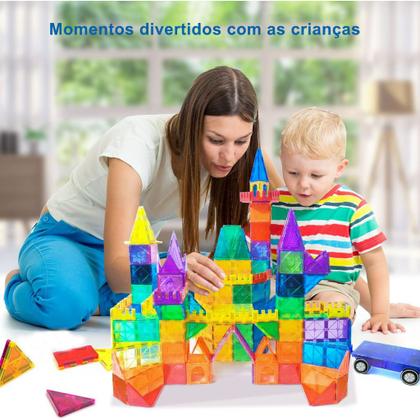 Imagem de Brinquedo Educativo Infantil Bloco de Montar Magnético 65 ou 130 Peças Coloridas com Bolsa de Armazenamento