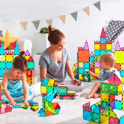Imagem de Brinquedo Educativo Infantil Bloco de Montar Magnético 65 ou 130 Peças Coloridas com Bolsa de Armazenamento