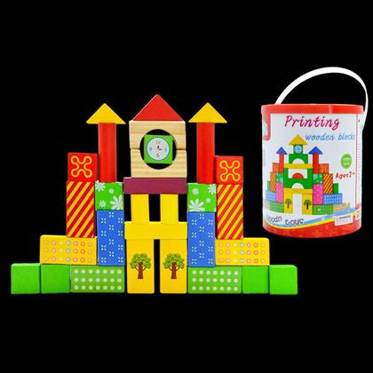 Imagem de Brinquedo Educativo Madeira Balde Com 40 Blocos Alfabeto Castelo Blocos