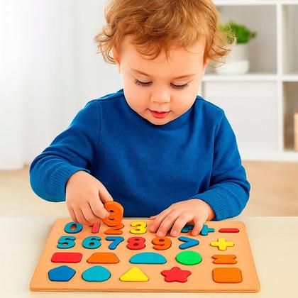 Imagem de Brinquedo Educativo Madeira Tabuleiro De Encaixe Infantil Com Números E Formas Coloridas