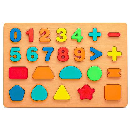 Imagem de Brinquedo Educativo Madeira Tabuleiro De Encaixe Infantil Com Números E Formas Coloridas