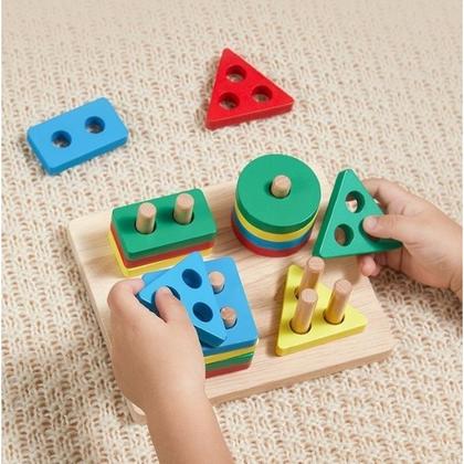 Imagem de Brinquedo Educativo Montessori de Madeira Didático Sensorial Formas e Cores Empilháveis para Bebê