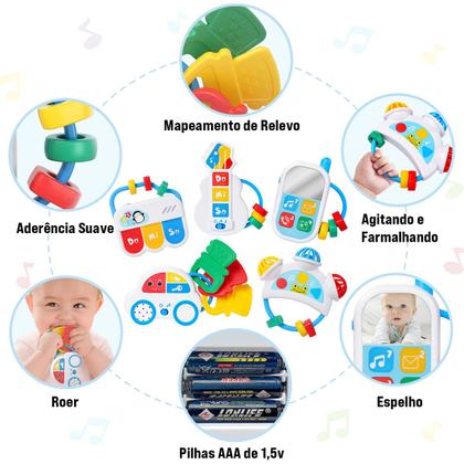 Imagem de Brinquedo Educativo para Bebê Mordedor 5 em 1 Chocalho Carrinho Violão Celular Piano Sensorial Montessori