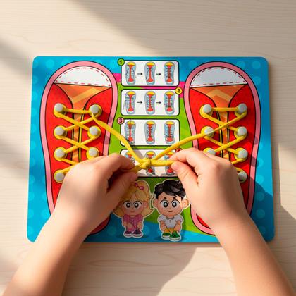 Imagem de Brinquedo Educativo Tênis Jogo De Amarrar Cadarço Em Madeira Infantil