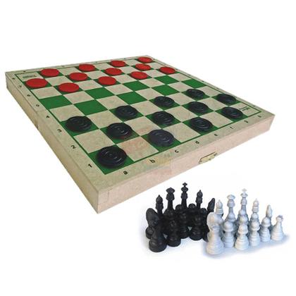 Imagem de Brinquedo Educativo Xadrez e Damas Estojo Tabuleiro de Madeira Dobrável com Peças em Plástico