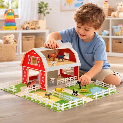 Imagem de Brinquedo fazenda madeira 10 animais celeiro estabulo fazendinha mdf educativo portatil