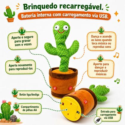 Imagem de Brinquedo Infantil Cacto Falante Músicas Luz Repete Falas Recarregável