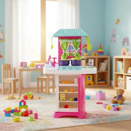 Imagem de Brinquedo Infantil Cozinha Pia Geladeira Fogão Panelinhas com Telhado