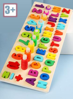 Imagem de Brinquedo Infantil de Encaixe Montessori de Madeira Modelo A - Pedagógico e Educativo com letras e números