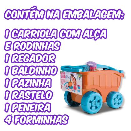 Imagem de Brinquedo Infantil Praia Carriola Com Acessórios Divertoys Original Kit Areia Terra Balde Pá Rastelo Brinquedo Criança Presente