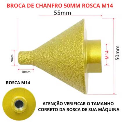 Imagem de Broca De Chanfro Cônica Diamantada 50mm M14 Rebolo Para Lixadeira Esmerilhadeira e Furadeira