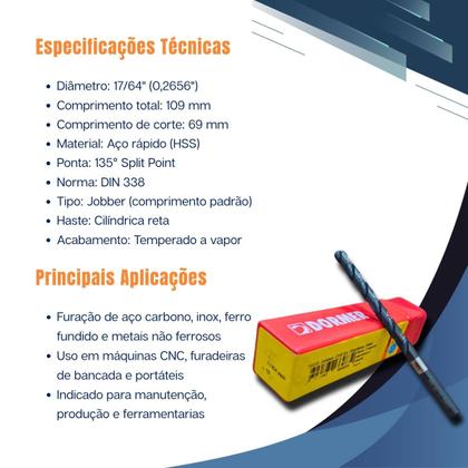 Imagem de Broca Hss 17/64" Aço Rápido DIN338 A108 DORMER p/ Inox