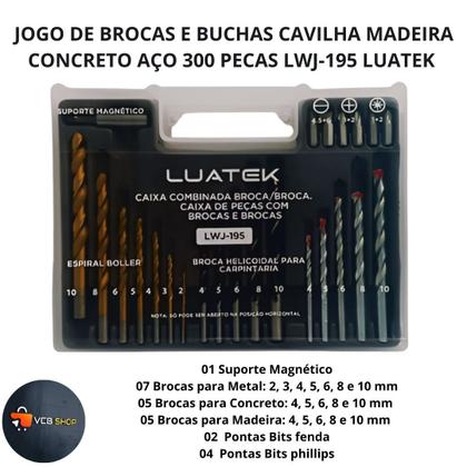 Imagem de Brocas madeira metal concreto buchas 5 6 8 10m bits fenda phillips torx jogo kit 300 pcs c/maleta lwj-195