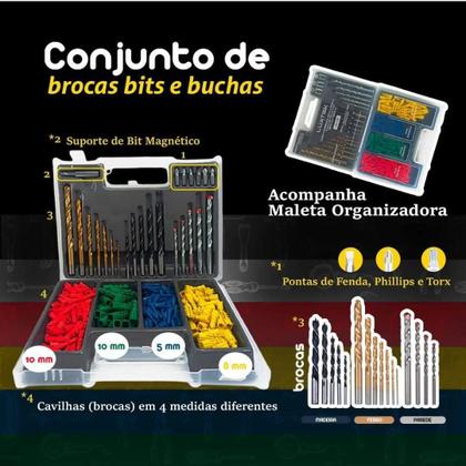 Imagem de Brocas madeira metal concreto buchas 5 6 8 10m bits fenda phillips torx jogo kit 300 pcs c/maleta lwj-195