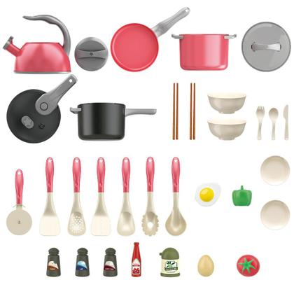 Imagem de Bruvoalon 32Pcs Kids Kitchen Toy Accessories, Toddler Pretend Cooking Playset with Play Pots and Pans, Utensils Cookware Toys, Play Food Set, Canned Toy Vegetables, Learning Gift for Girls Boys (Red)