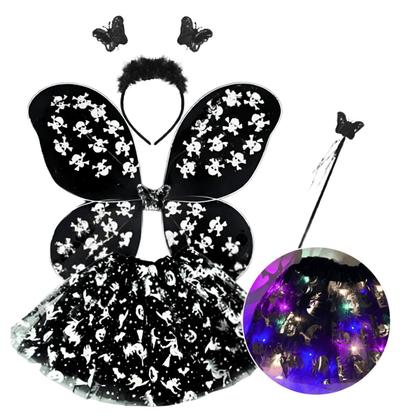 Imagem de Bruxinha Fantasia Led Kit Halloween Prata e Preto Tiara Asa