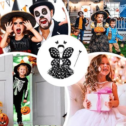 Imagem de Bruxinha Fantasia Led Kit Halloween Prata e Preto Tiara Asa