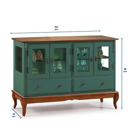 Imagem de Buffet Aparador 4 Portas 2 Gavetas Prateleiras em Vidro 60510 Linz Móveis -Verde Musgo/Imbua Glazer