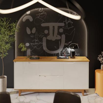 Imagem de Buffet Aparador Balcão Sala de Jantar 2 Portas e 2 Gavetas Flow - Offwhite/Freijó