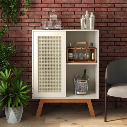 Imagem de Buffet Aparador Bar Alto Off White Com Porta de Correr 2 Nichos E Pés em Madeira MDF - Rattan - Ofertamo
