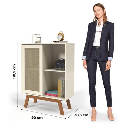 Imagem de Buffet Aparador Bar Alto Off White Com Porta de Correr 2 Nichos E Pés em Madeira MDF - Rattan - Ofertamo