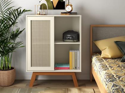 Imagem de Buffet Aparador Bar Alto Off White Com Porta de Correr 2 Nichos E Pés em Madeira MDF - Rattan - Ofertamo