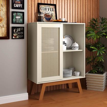 Imagem de Buffet Aparador Bar Alto Off White Com Porta de Correr 2 Nichos E Pés em Madeira MDF - Rattan - Ofertamo