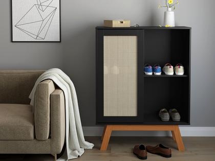 Imagem de Buffet Aparador Bar Alto Preto Com Porta de Correr 2 Nichos E Pés em Madeira MDF - Rattan - Ofertamo