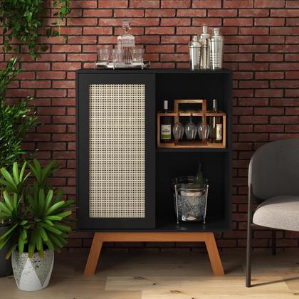 Imagem de Buffet Aparador Bar Alto Preto Com Porta de Correr 2 Nichos E Pés em Madeira MDF - Rattan - Ofertamo
